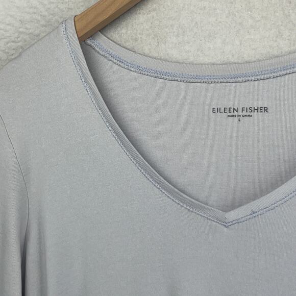 EILEEN FISHER Top L Organic Cotton Ribbed Jersey V-Neck Elbow Sleeve Light Blue - Picture 7 of 13